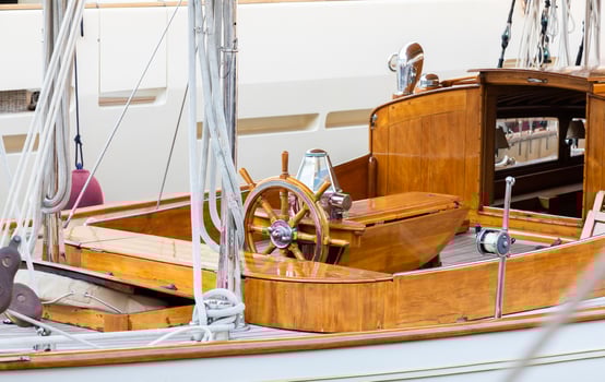 Luxury yacht. Comfortable expensive wooden design for holiday recreation tourism or travel and wealth concept. photo