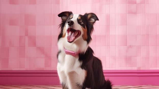 A border collie dog on pink color background with photo