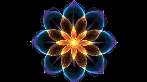 Multicolor neon light drawing, abstract shape flowers isolated on black background. Glowing line art. The Illumination of vibrant radiance of neon flower, illustration photo