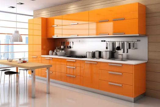 stock photo of modern wood orange kitchen ultra