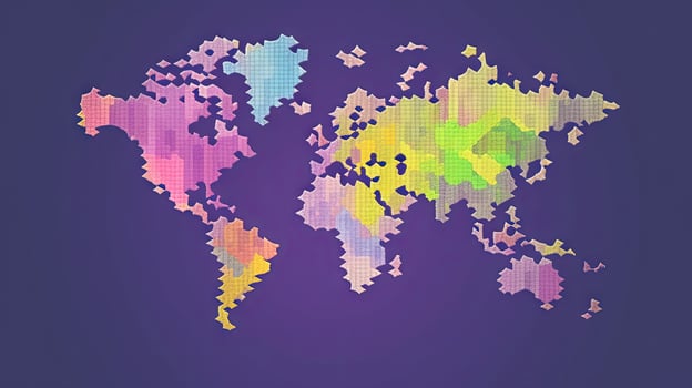 World map purple pixel background. . photo