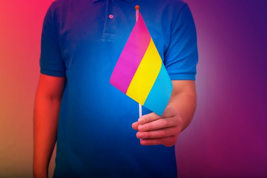 Hand holding flag in pan sexual pride colors. photo