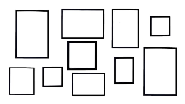 Many black frame isolated on white background. Group of mockup object and picture frame for adding text on copy space. photo