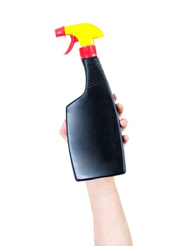 Man's arm raised holding a detergent sprayer. Hygiene concept. Isolate on white background. photo