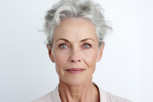 Portrait of Senior Scandinavian Woman with Grey Short Hair on Copy Space. Beautiful Age Model. photo