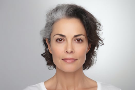 Portrait of Middle Aged European Woman with Short Grey and Black Hair on Copy Space. Beautiful Age Model. photo