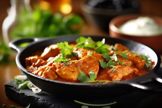 traditional chicken asian rice background indian dark curry sauce hot masala. . photo