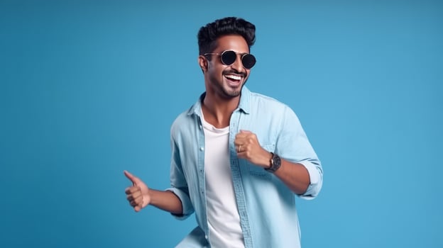 Overjoyed man wearing sunglasses dancing. Illustration photo