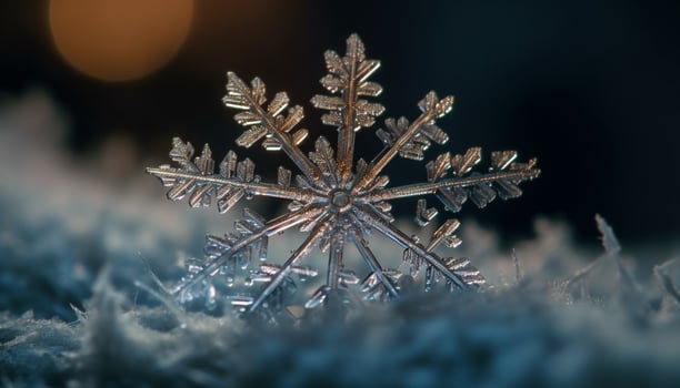 Shiny snowflake decoration glows on dark tree generated by AI photo