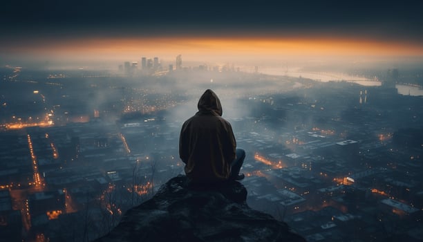 Young adult meditating on mountain peak at dusk photo