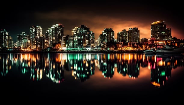 Bright city lights reflect on waterfront at dusk photo