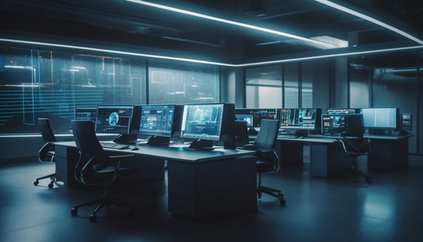 Modern office with bright blue computer equipment generated by AI photo