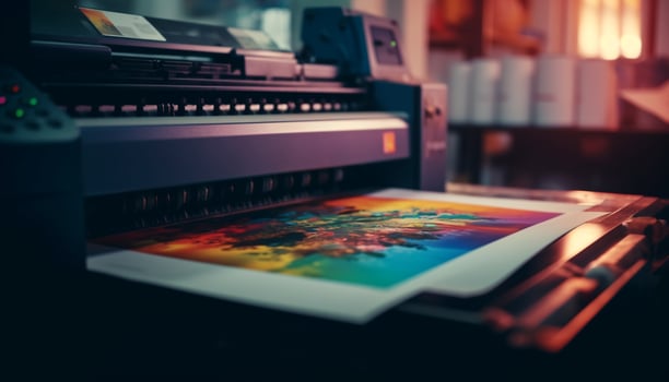 Modern artist studio equipment, computer, creativity, colors generated by AI photo