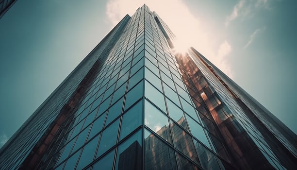 Futuristic skyscraper reflects blue sky and city life generated by AI photo