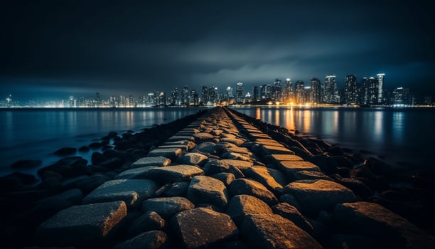 Illuminated city skyline reflects on tranquil water generated by AI photo