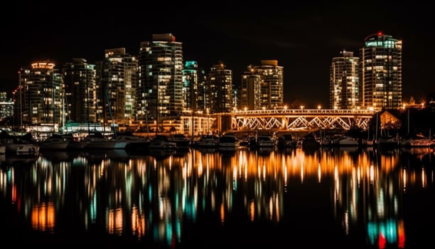 Bright city lights reflect on waterfront skyline generated by AI photo