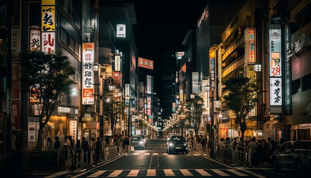 Illuminated city skyline, crowded streets, blurred motion generated by AI photo