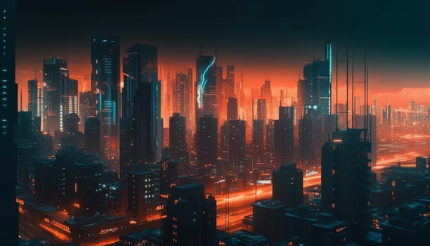 Glowing cityscape at dusk, modern and abstract generated by AI photo
