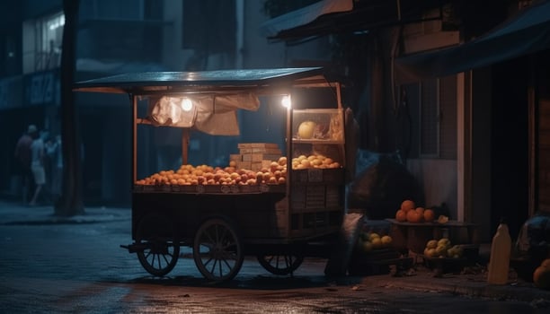 Grilled pork, chicken, and vegetables sold outdoors generated by AI photo