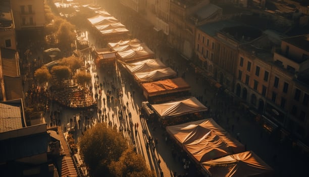 Illuminated city skyline, crowded streets, East Asian culture generated by AI photo