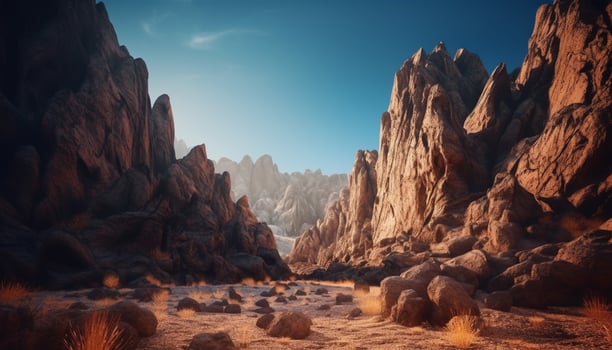 Majestic mountain range, eroded rock formation, tranquil scene generated by AI photo