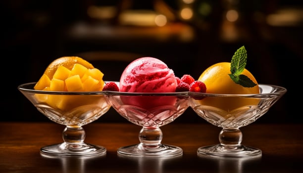 Sweet summer dessert Raspberry sorbet with mint leaf generated by AI photo