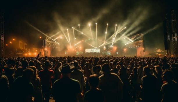 Nighttime concert crowd cheers as band rocks on generated by AI photo
