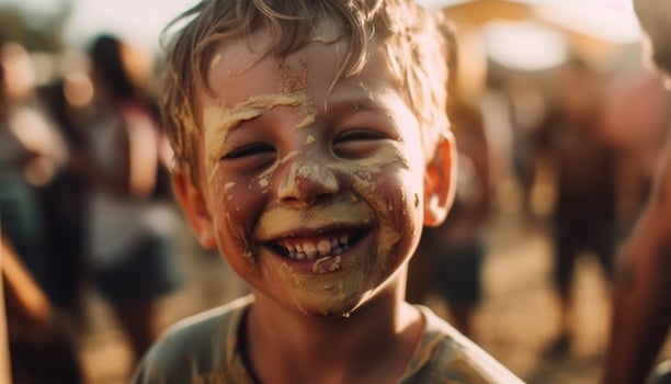 Smiling children playing in the muddy water generated by AI photo