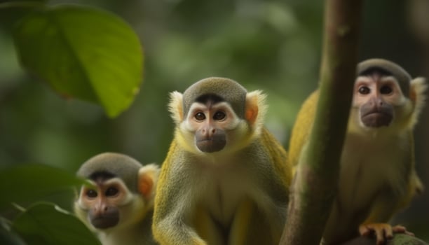 Cute young monkey sitting on tree branch generated by AI photo
