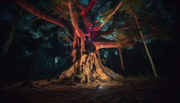 Spooky forest at night, mystery surrounds landscape generated by AI photo