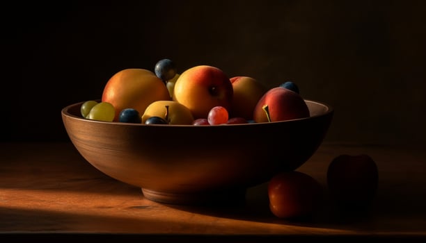 Ripe fruit bowl on wooden table, healthy snack generated by AI photo