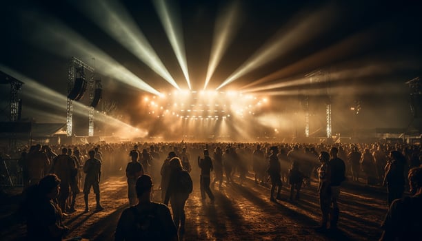 Nighttime concert, crowd dancing to rock music generated by AI photo