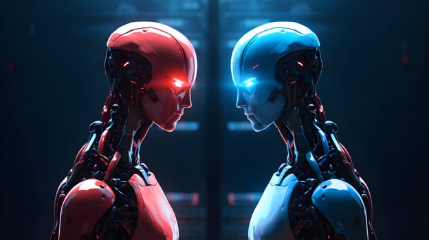 Competition of AI Artificial Intelligence technology business concept, Red and Blue AI Artificial Intelligence humanoid robot boxing face off a contestant in a boxing match, illustration photo