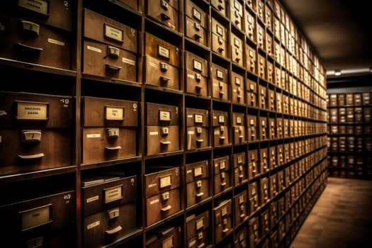 Wall filled with rows of filing cabinets with numerous drawers. photo