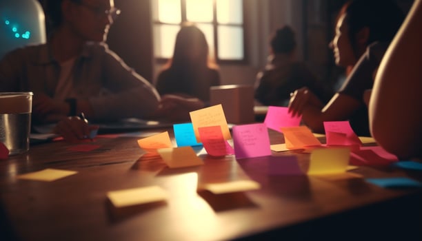Young adults brainstorming ideas at office desk generated by AI photo