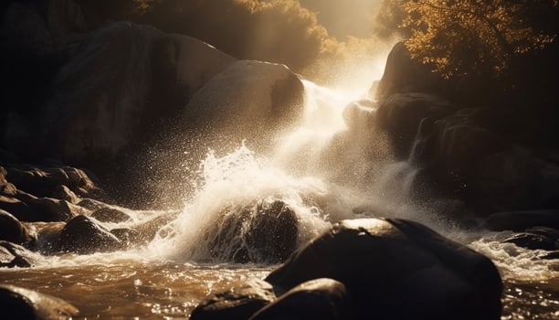 Spraying waves on wet rocks at sunset generated by AI photo