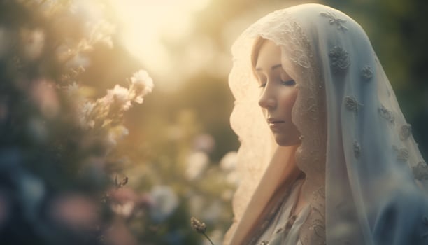 One woman praying in nature, serene beauty generated by AI photo