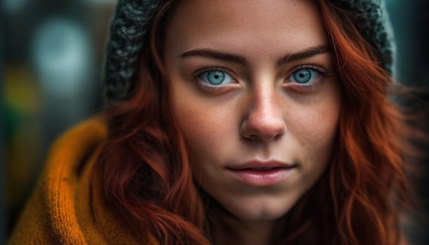 Young woman with brown hair smiling outdoors generated by AI photo