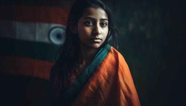 Young woman exudes confidence in traditional clothing generated by AI photo