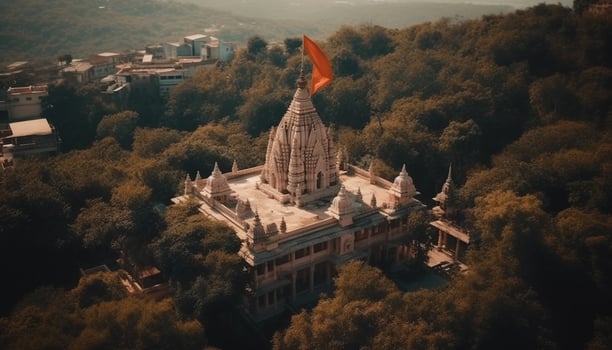 Majestic pagoda atop ancient mountain, spirituality reigns generated by AI photo