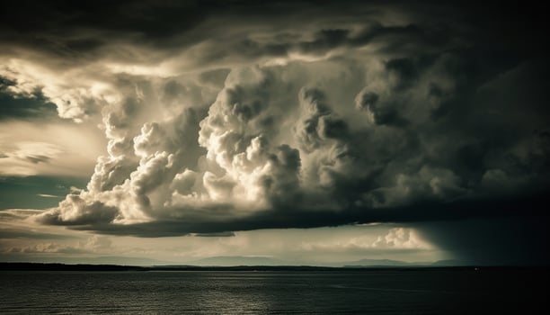 Dramatic sky over water, bright sunset glow generated by AI photo