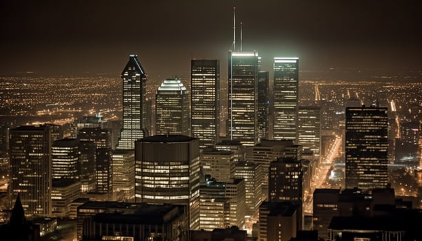 Glowing skyscrapers illuminate the modern city skyline generated by AI photo