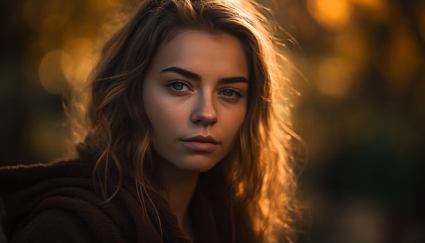 Beautiful young woman in nature, smiling confidently generated by AI photo