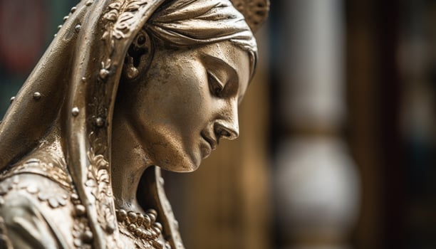 Praying women in close up of religious statue generated by AI photo