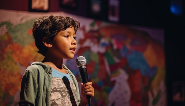 Cute schoolboy singer performs on stage with guitar generated by AI photo