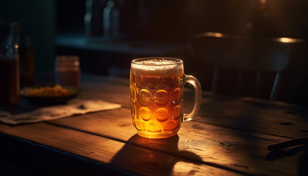 Frothy beer in gold glass on wooden table generated by AI photo