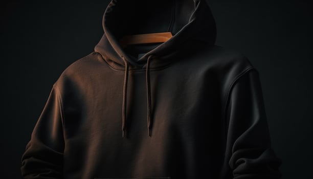 Hooded garment on fashion model, black background generated by AI photo