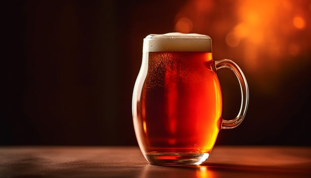 Frothy beer drop on yellow pint glass generated by AI photo