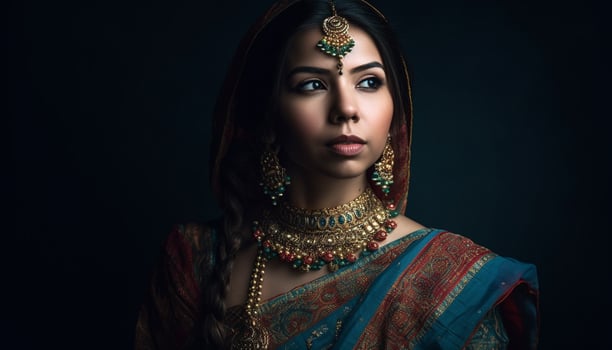 Young woman in sari exudes elegance and glamour generated by AI photo