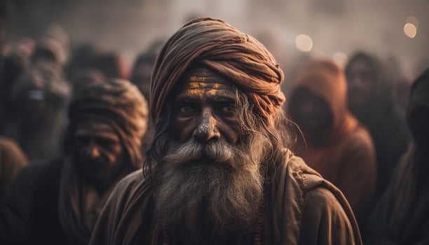 Smiling sadhu in traditional clothing at festival generated by AI photo